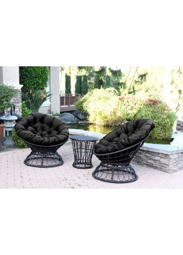 Papasan Espresso Wicker Swivel Chair and Table Set with Black Cushions