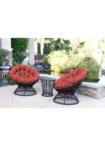 Papasan Espresso Wicker Swivel Chair and Table Set with Brick Red Cushions