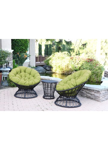 Papasan Espresso Wicker Swivel Chair and Table Set with Sage Green Cushions