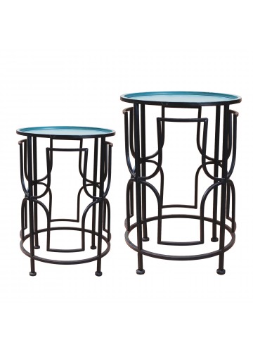 Set of 2 Round Metal Side Table - Green and Black