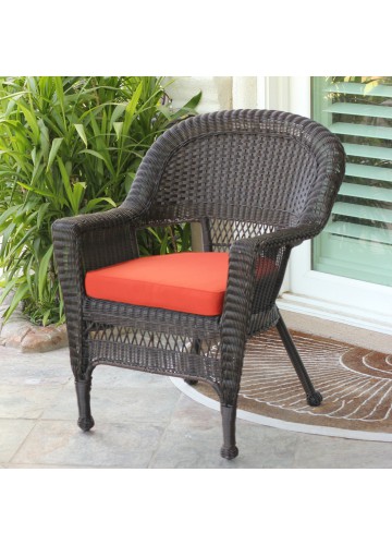 Espresso Wicker Chair With Brick Red Cushion