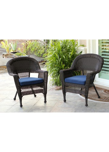 Espresso Wicker Chair With Midnight Blue Cushion - Set of 2