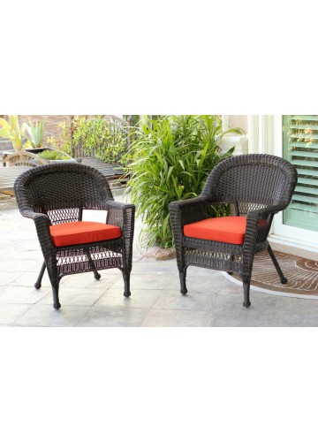 Espresso Wicker Chair With Brick Red Cushion - Set of 2