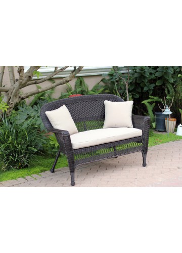 Espresso Wicker Patio Love Seat With Tan Cushion and Pillows