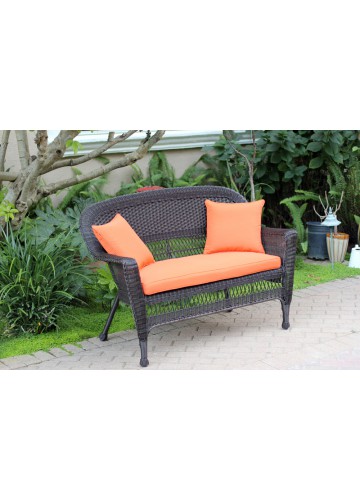 Espresso Wicker Patio Love Seat With Orange Cushion and Pillows