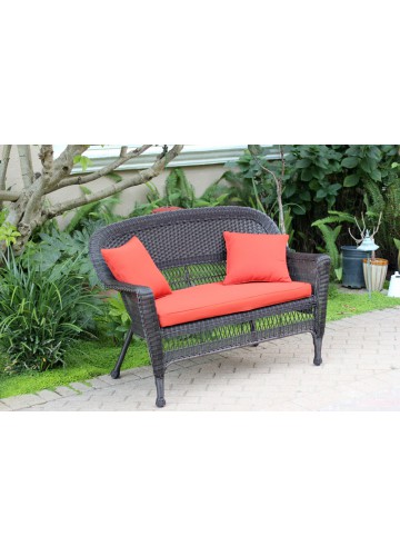 Espresso Wicker Patio Love Seat With Brick Red Cushion and Pillows