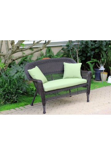 Espresso Wicker Patio Love Seat With Sage Green Cushion and Pillows