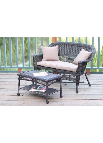 Espresso Wicker Patio Love Seat And Coffee Table Set With Tan Cushion