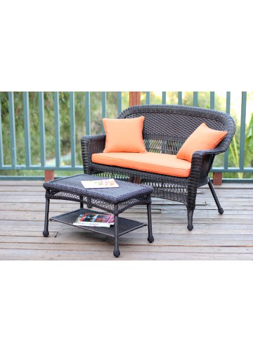 Espresso Wicker Patio Love Seat And Coffee Table Set With Orange Cushion
