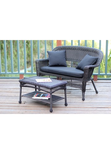 Espresso Wicker Patio Love Seat And Coffee Table Set With Black Cushion