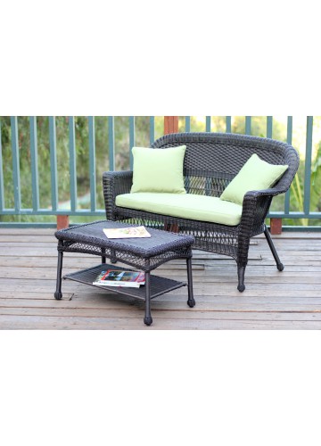 Espresso Wicker Patio Love Seat And Coffee Table Set With Sage Green Cushion
