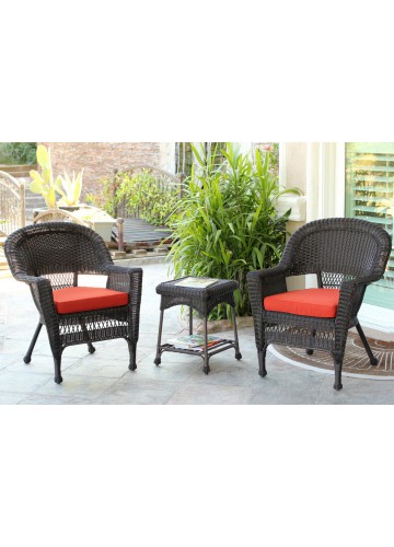 Espresso Wicker Chair And End Table Set With Brick Red Cushion