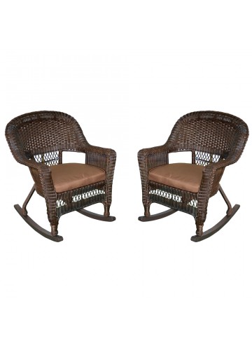 Espresso Rocker Wicker Chair with Brown Cushion -  Set of 2