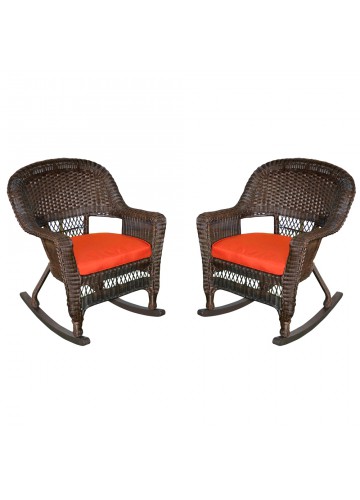Espresso Rocker Wicker Chair with Brick Red Cushion -  Set of 2