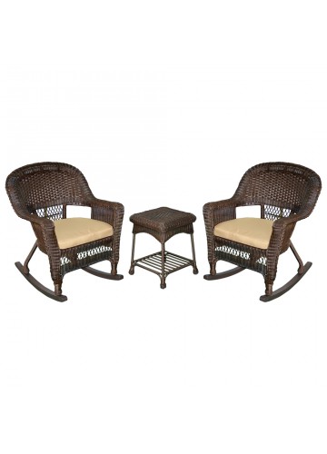 3pc Espresso Rocker Wicker Chair Set With Tan Cushion