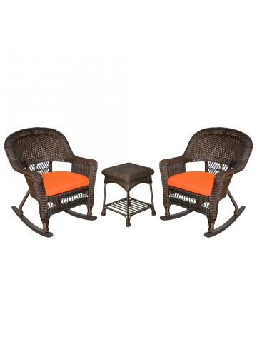 3pc Espresso Rocker Wicker Chair Set With Orange Cushion
