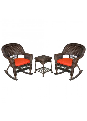 3pc Espresso Rocker Wicker Chair Set With Brick Red Cushion
