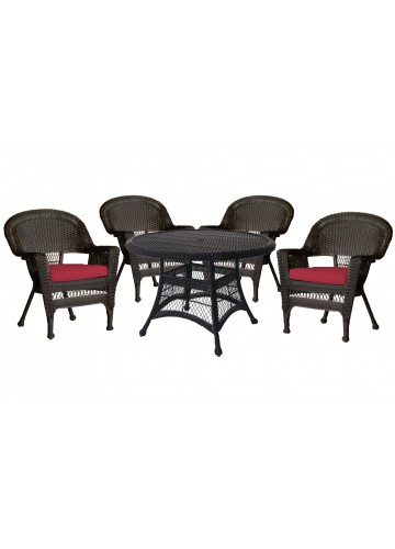 5pc Espresso Wicker Dining Set - Red Cushions