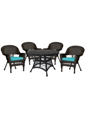 5pc Espresso Wicker Dining Set - Turquoise Cushions