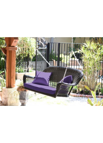 Espresso Resin Wicker Porch Swing with Purple Cushion