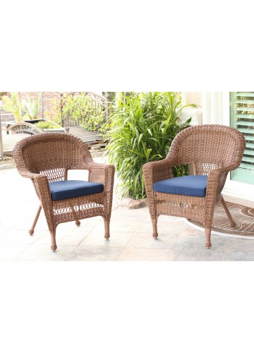 Honey Wicker Chair With Midnight Blue Cushion - Set of 4