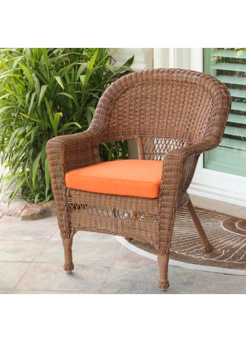 Honey Wicker Chair With Orange Cushion