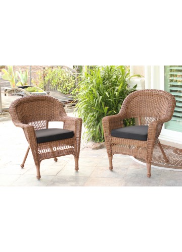 Honey Wicker Chair With Black Cushion - Set of 4