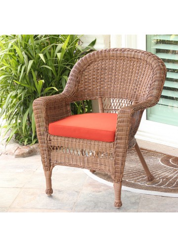 Honey Wicker Chair With Brick Red Cushion