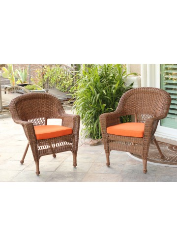 Honey Wicker Chair With Orange Cushion - Set of 2