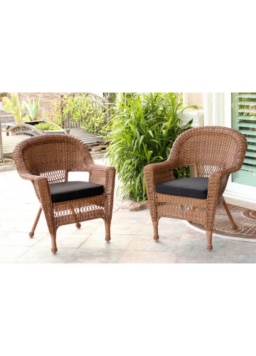 Honey Wicker Chair With Black Cushion (Set of 2)