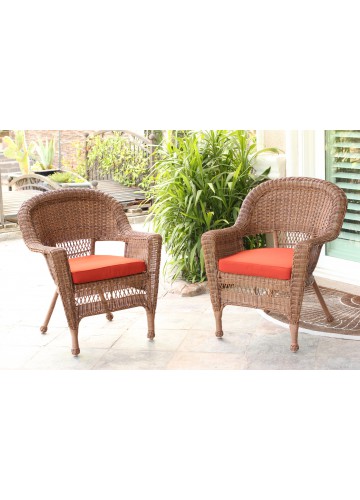 Honey Wicker Chair With Brick Red Cushion - Set of 2