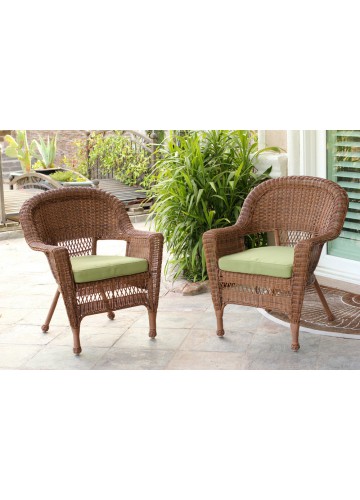 Honey Wicker Chair With Sage Green Cushion - Set of 2