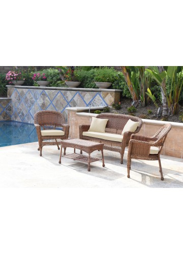 4pc Honey Wicker Conversation Set - Ivory Cushions
