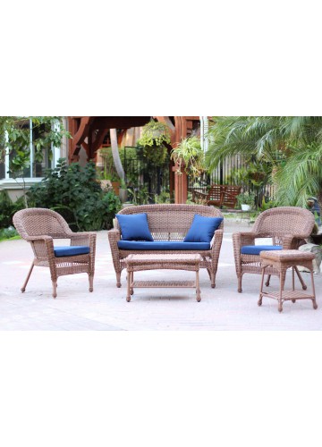 5pc Honey Wicker Conversation Set - Midnight Blue Cushions