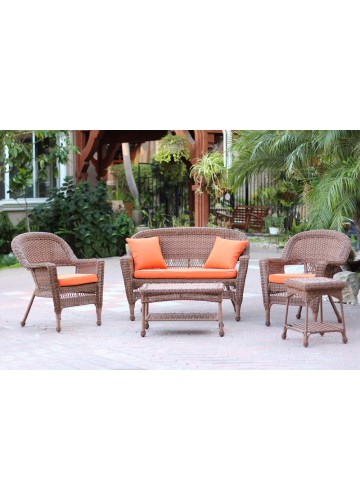 5pc Honey Wicker Conversation Set - Orange Cushions
