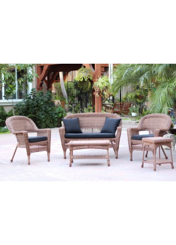 5pc Honey Wicker Conversation Set - Black Cushions