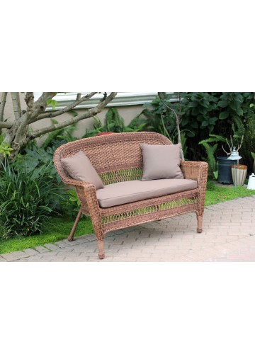 Honey Wicker Patio Love Seat With Brown Cushion and Pillows