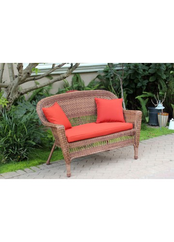 Honey Wicker Patio Love Seat With Brick Red Cushion and Pillows