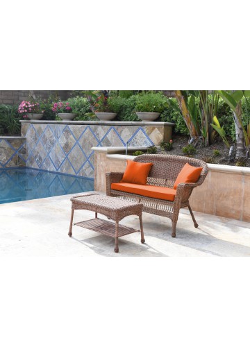 Honey Wicker Patio Love Seat And Coffee Table Set With Orange Cushion