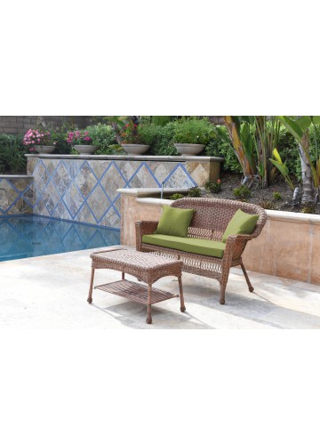 Honey Wicker Patio Love Seat And Coffee Table Set With Sage Green Cushion