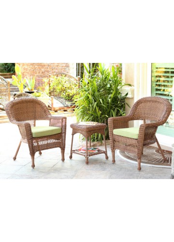 Honey Wicker Chair And End Table Set With Sage Green Chair Cushion