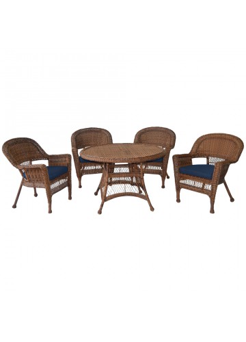 5pc Honey Wicker Dining Set - Midnight Blue Cushions