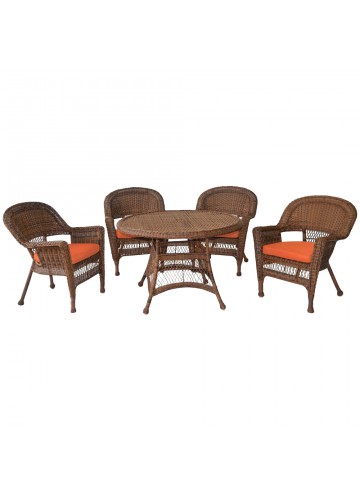 5pc Honey Wicker Dining Set - Orange Cushions