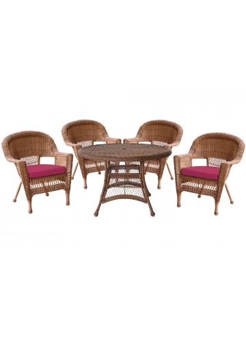 5pc Honey Wicker Dining Set - Red Cushions