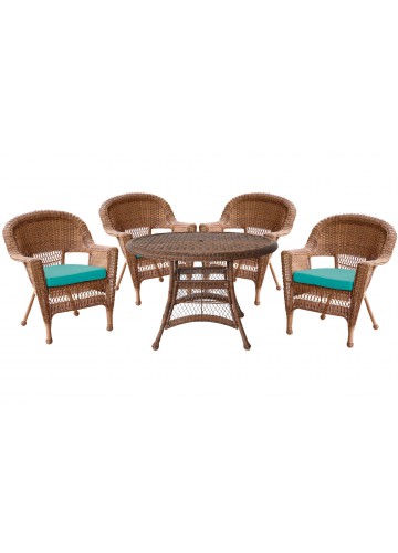 5pc Honey Wicker Dining Set - Turquoise Cushions