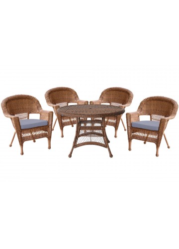 5pc Honey Wicker Dining Set - Steel Blue Cushions