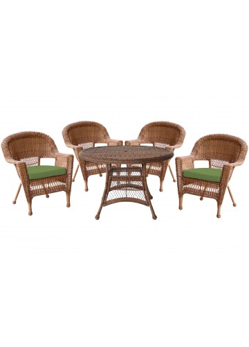 5pc Honey Wicker Dining Set - Hunter Green Cushions