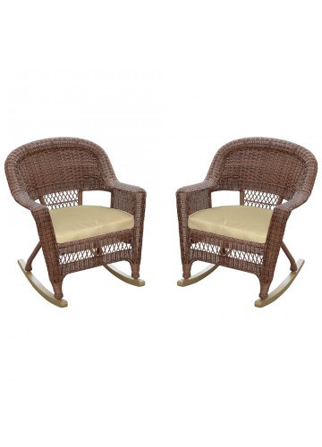 Honey Rocker Wicker Chair with Tan Cushion -  Set of 2