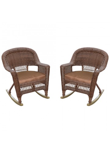 Honey Rocker Wicker Chair with Brown Cushion -  Set of 2