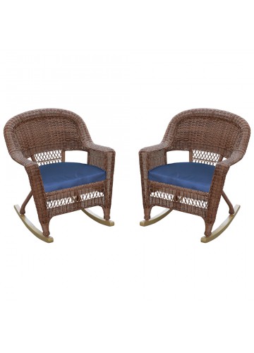 Honey Rocker Wicker Chair with Midnight Blue Cushion -  Set of 2